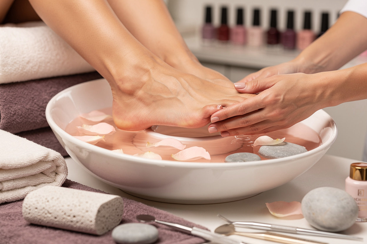 Crystal Beauty spa pedicure experience with relaxing foot soak and massage in Fargo